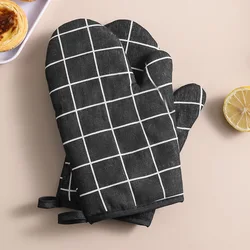 Heat-Resistant Kitchen and Baking Gloves, Set of 2, Anti-Scald Oven Mitts (2pcs Black lattice)