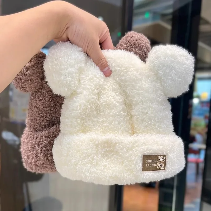2024 Bear Ears Plush Beanies Hat Winter Cute Warm Thickened Knitted Caps Beanies Korean Sweet Ear Protection Women's Hats Gifts 5