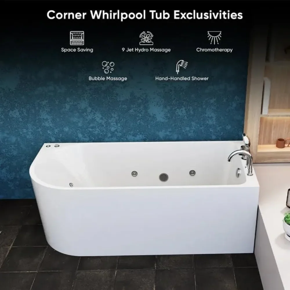 67 Inch Acrylic Freestanding Whirlpool Corner Hot Tub Modern Soaking Bathtub with Right Drainage and LED Control Panel 3