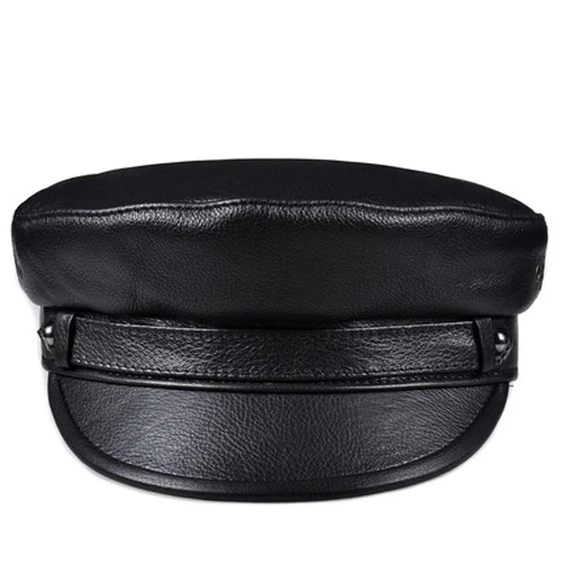 Winter Men/Women Genuine Leather Navy Hats Unisex European/American Streetwear Fitted Black Caps With Belt Outdoor Gorro