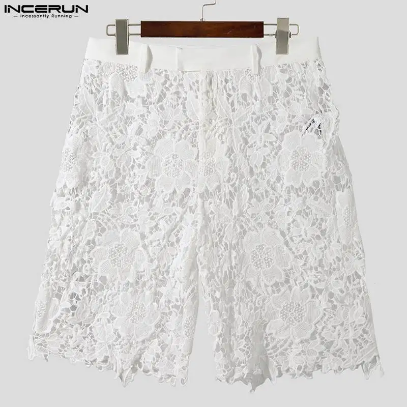 Stylish Well Fitting Men's Shorts INCERUN Lace Printed Hollow Design Shorts Casual Party Show Sexy See-through Mesh Shorts S-5XL