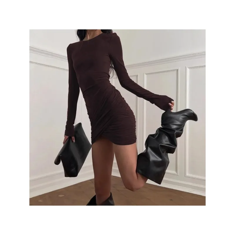 Slim Fit Long Sleeve round Neck Dress Korean Style Sexy Pleated Asymmetrical Waist Cinched Bodycon Mini Dress for Women
