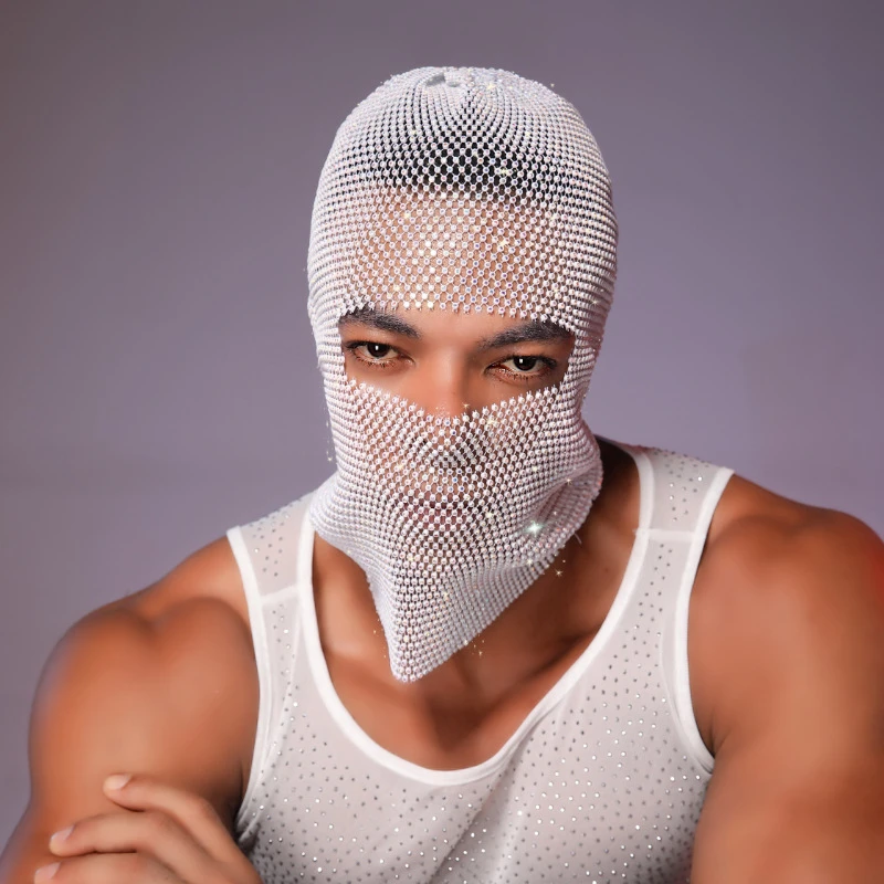 Männer Y2K Sturmhaube Sparkly Diamonds Hut Turban Hohl Fishnet Strass Headhood Club Rave Party Kopfmaske Headwrap Headcover – Detail 5