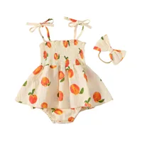 Baby Girl Sweet Peach Print Camisole Triangle Dress with Bow Headpiece Soft and Comfortable 4
