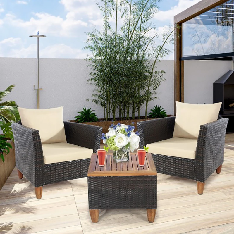 

3 Pieces Patio Rattan Bistro Furniture Set with Wooden Table Top Outdoor Pool Garden Courtyard Coffee Table Sofa Set