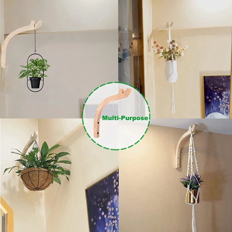 2 Pack Plant Hooks For Hanging Baskets,Wooden Plant Wall Hanger Indoor &  Outdoor,Wall Hooks For Hanging Plants