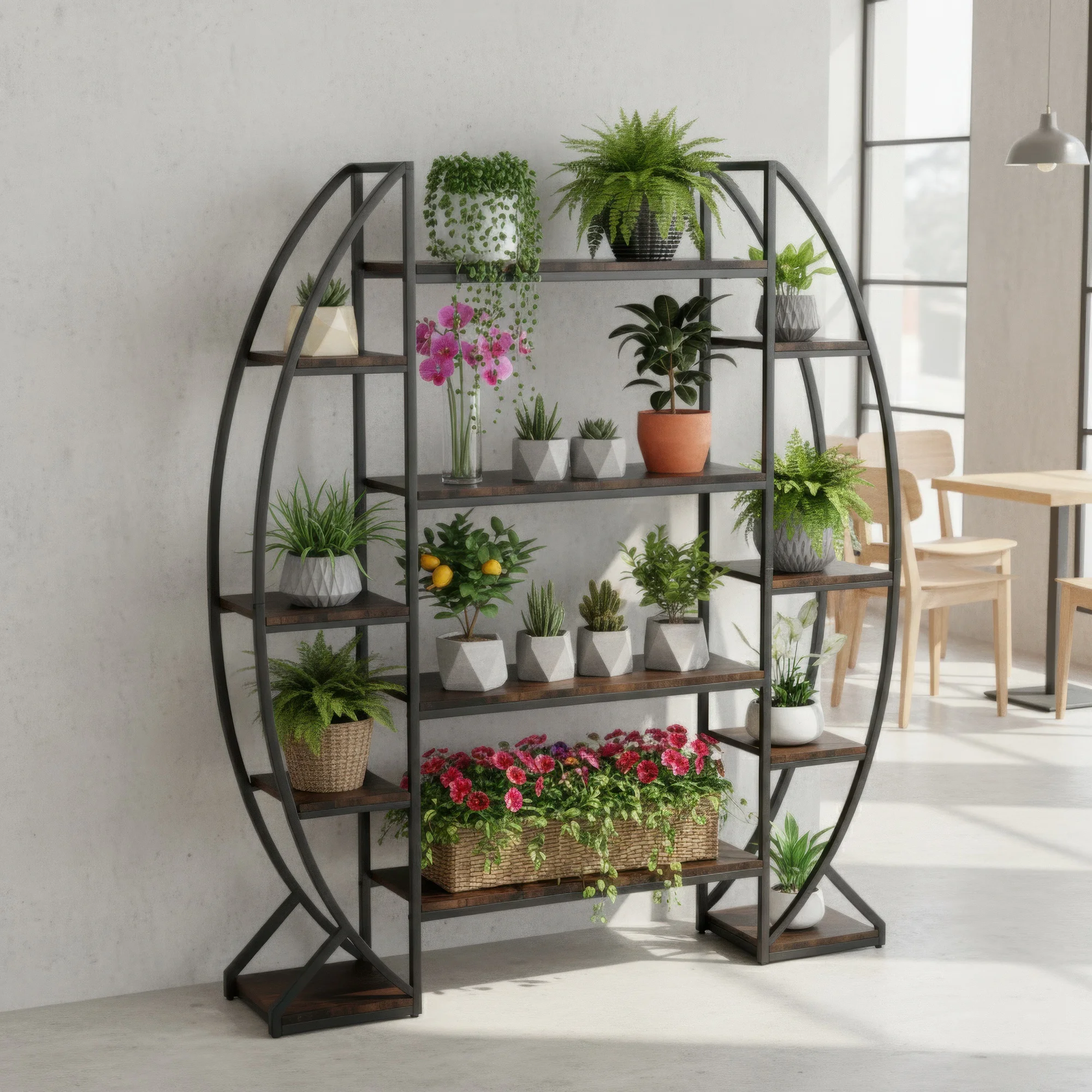 25299-4831Ed.jpg indoor flower pot stand with curved 8 tiered metal plant shelf