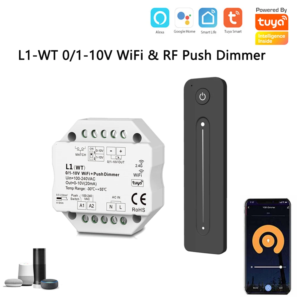 AC100-240V 1CH 0/1-10V WiFi & RF Push Dimmer Tuya Wifi Smart Control 2.4G R11 RF Touch Diming Remote App Voice For Alexa Google