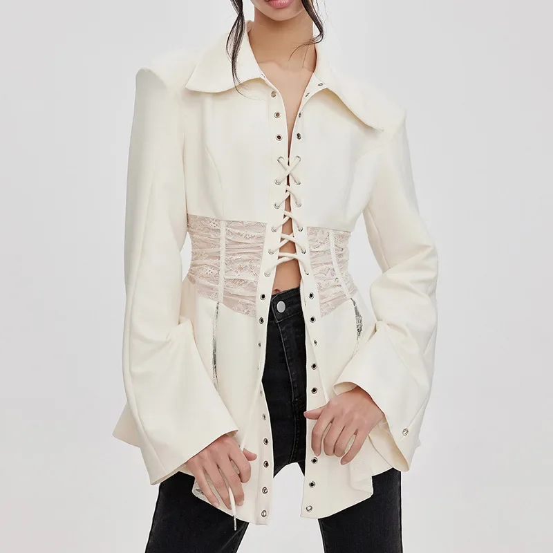 

Lace Up Women Suit Blazer Female Office Lady Work Wear 1 Piece Elegant Business Jacket Coat Outfit With Belt