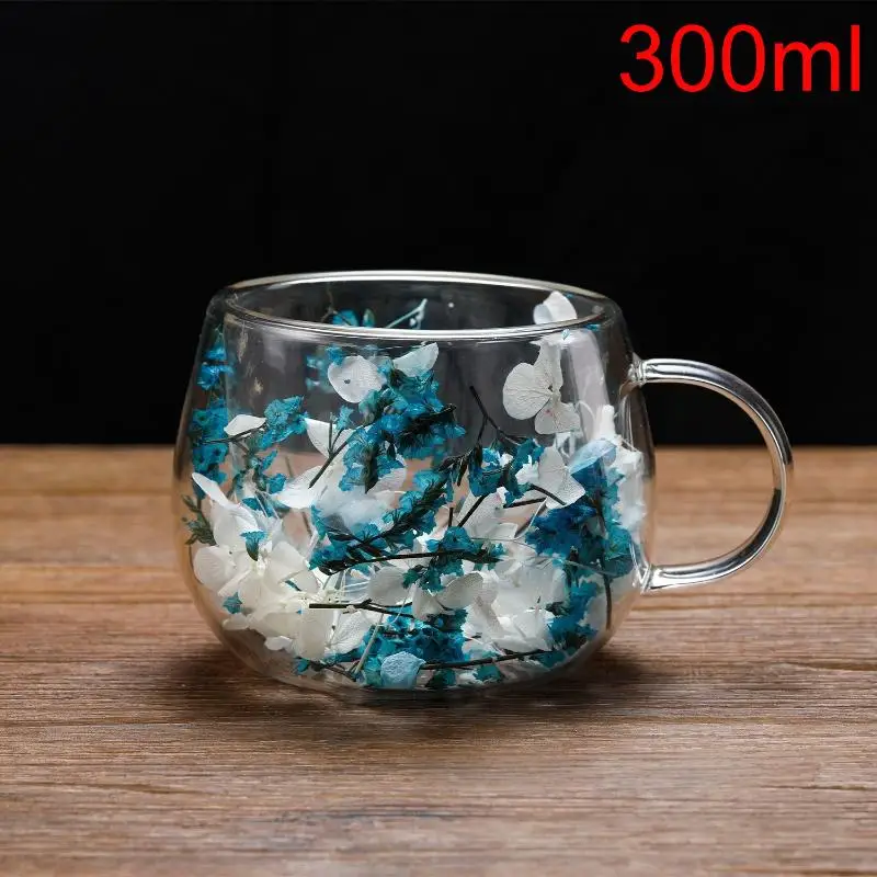 Elegant Double-Layer Glass Cup with Dried Flower Embellishment, Heat-Resistant