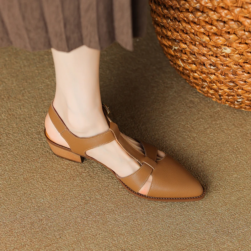 New Women Sandals Pointed Toe Thick Heels Genuine Leather Pumps Office Spring Summer Fashion Concise Slingbacks Shoes Woman