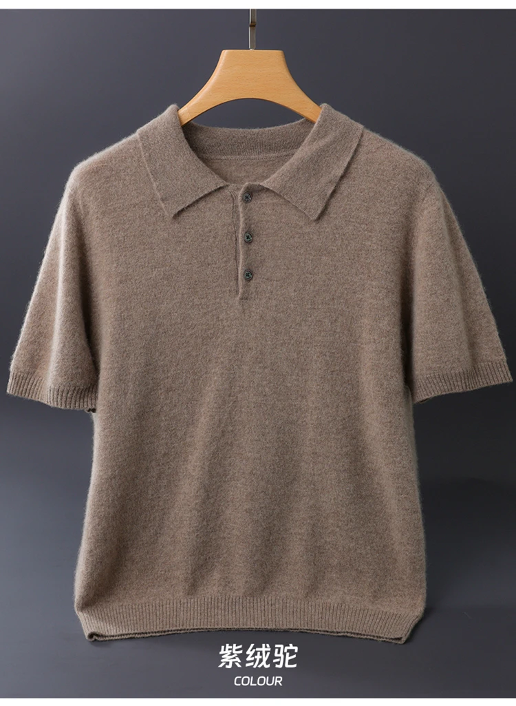 قميص بولو رجالي قصير الأكمام من الكشمير 100٪ للأعمال والملابس غير الرسمية، سترة للربيع والصيف