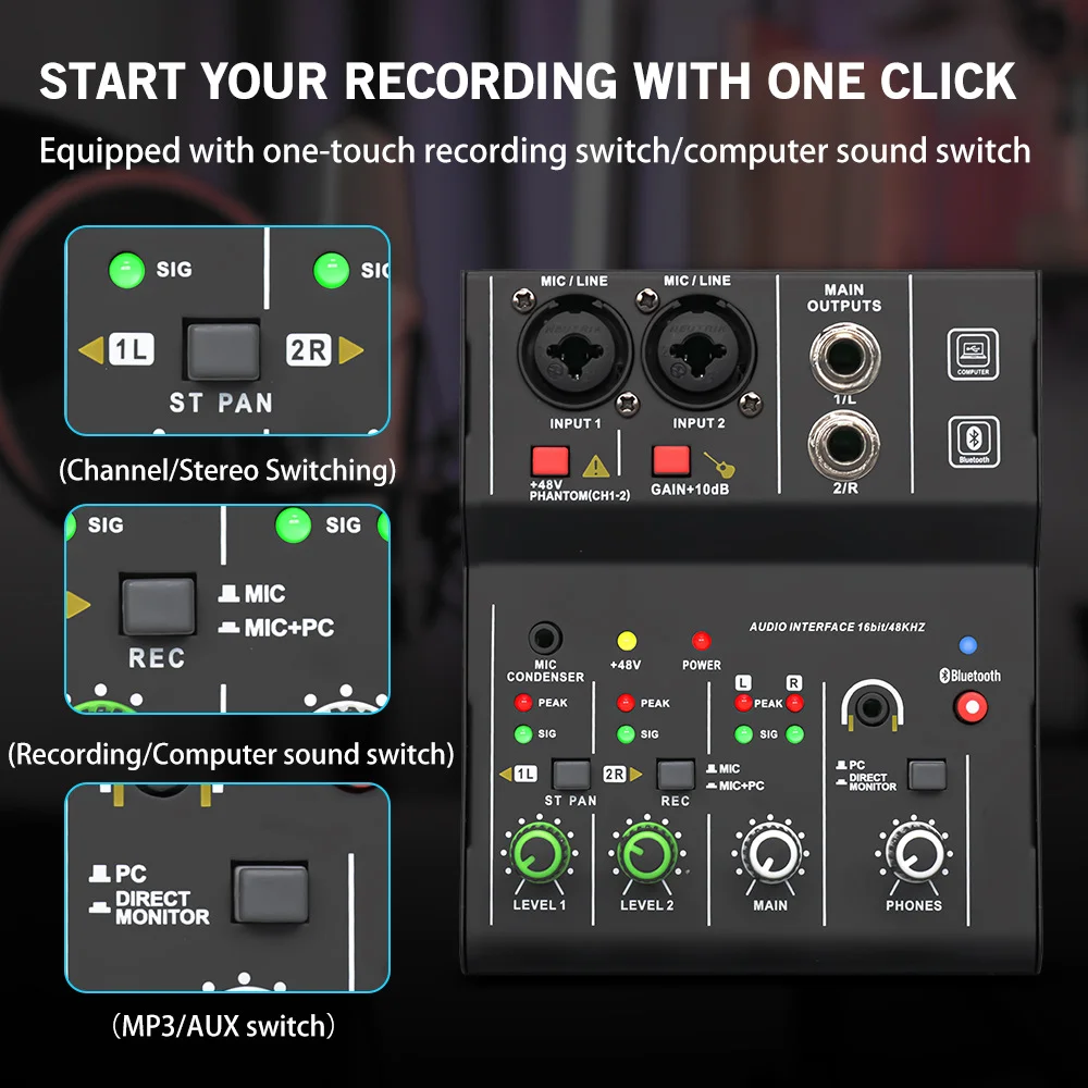 TEYUN Q12 Q12M Professional 2 Channels audio mixer interface sound card console mini USB Recording MIXER for DJ Studio guitar