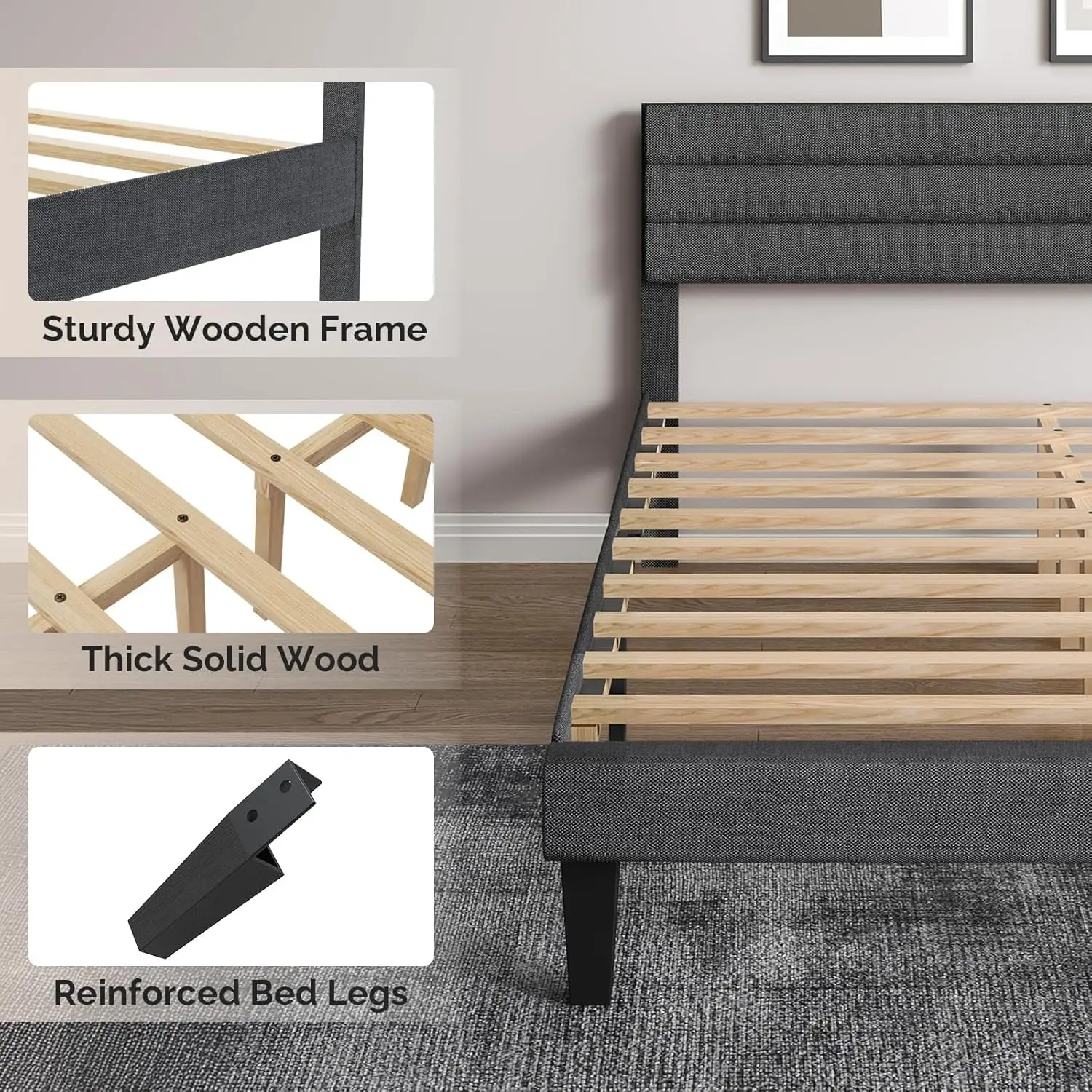 Full Bed Frame with Headboard,Upholstered Platform Bed with Adjustable Headboard,Heavy Duty Slats Support