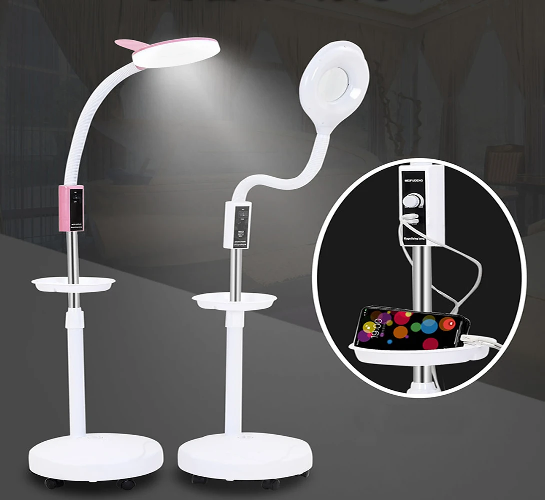 220V LED Beauty Cold Light Lamp 16x Magnifying Glass Manicure Tattoo Shadowless Lamp Rotating Dimming Eye Protection Beauty Lamp