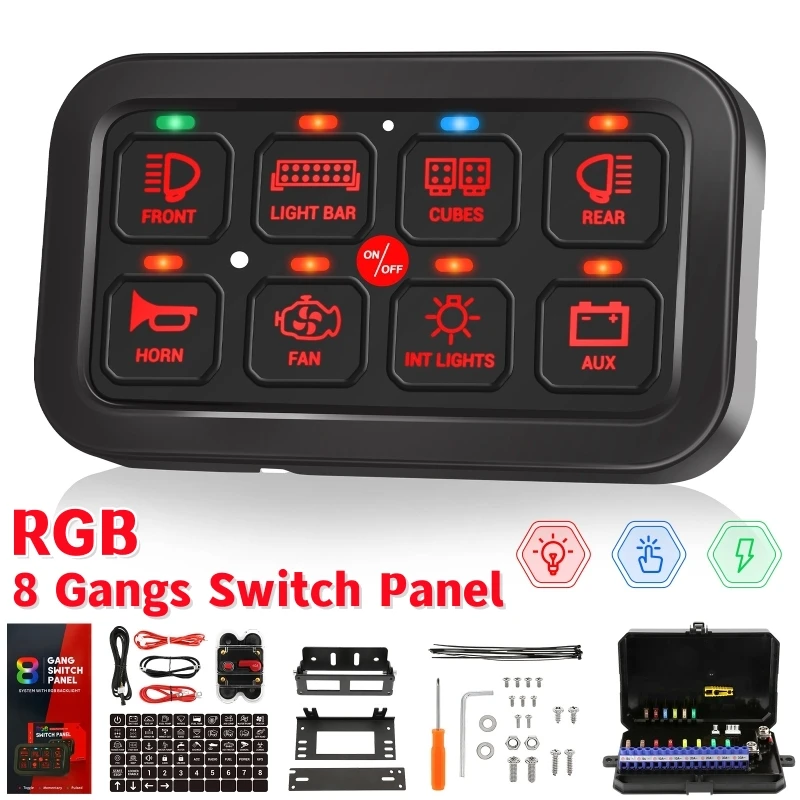 

Universal RGB 8 Gangs Switch Panel Switch Controller 3 Functions Modes Electronic Relay On Off System for Car UTV Boat