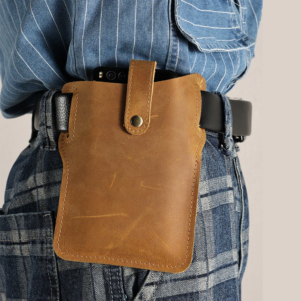Crazy Horse Vintage Mobile Phone Waistpack Outdoor Sports Wear Belt Mobile Phone Bag Genuine Leather Men's Waistpack