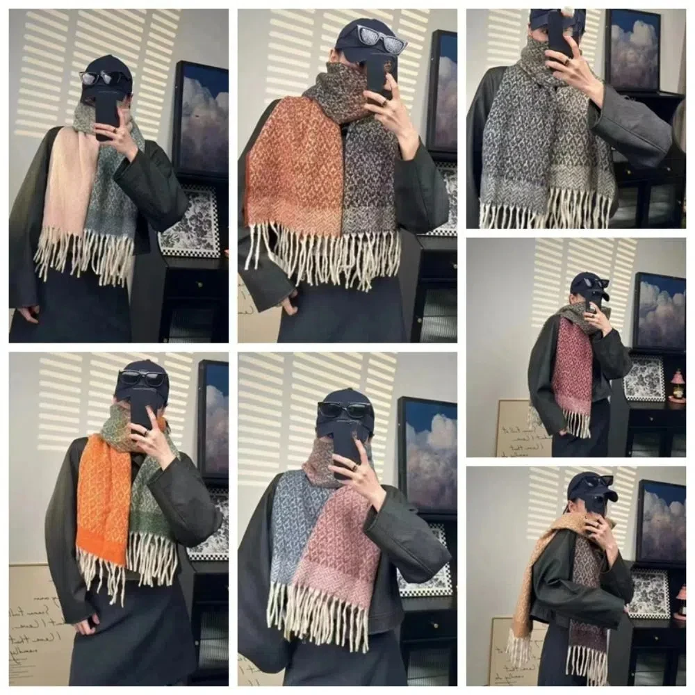 Acrylic Fibres Gradient Knitted Scarf Warm Soft Contrast Colored Thick Shawl Starry Sky Pattern Stole Double-sided Tassel Scarf