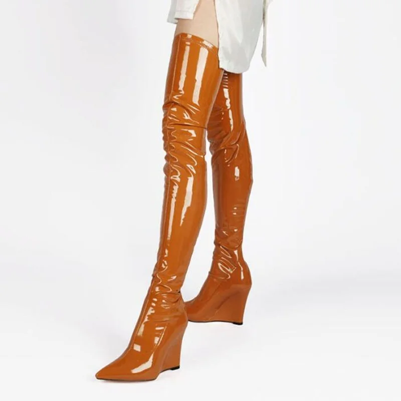 

Plus Size 43 Wedged Over The Knee Boots Shinny Patent Leather Pointed Toe Slim Fit Thigh High Boots Brown Red Black