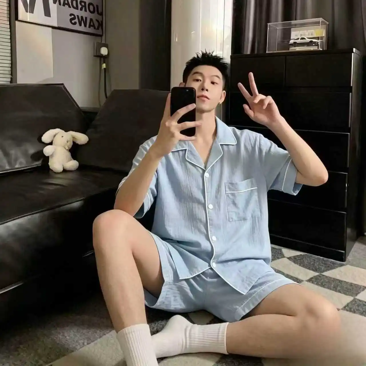 2PCS Pijama 솔리드 파자마 부드러운 원단 여름 짧은 세트 커플을위한 일본 한국 잠옷 남자와 여자 컴포트 잠옷 새로운