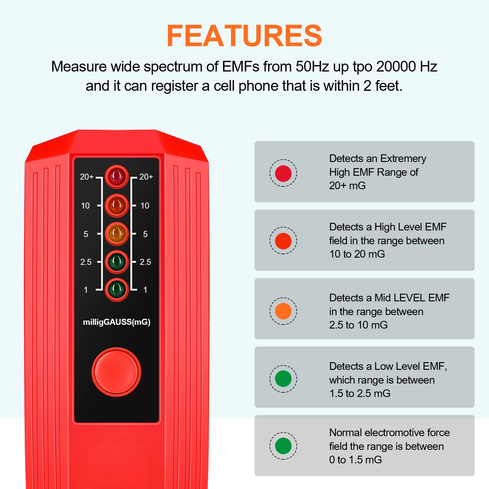 Electromagnetic Field EMF Gauss Meter Ghost Hunting Detector Portable EMF Magnetic Field Detector 5 LED Gauss Meter Testing