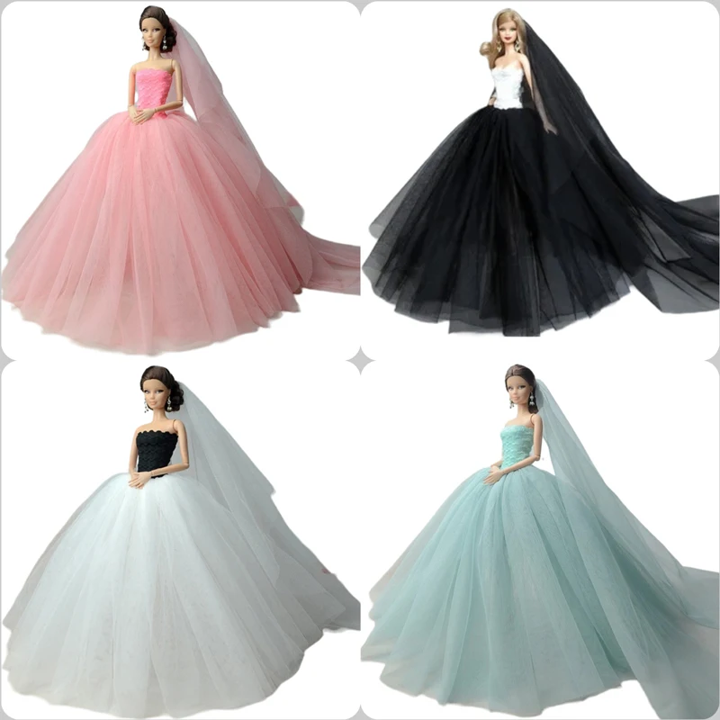 Doll Clothes Doll Dresses Long Tail Evening Gown Wedding Dress +Veil for Barbie Doll Accessories