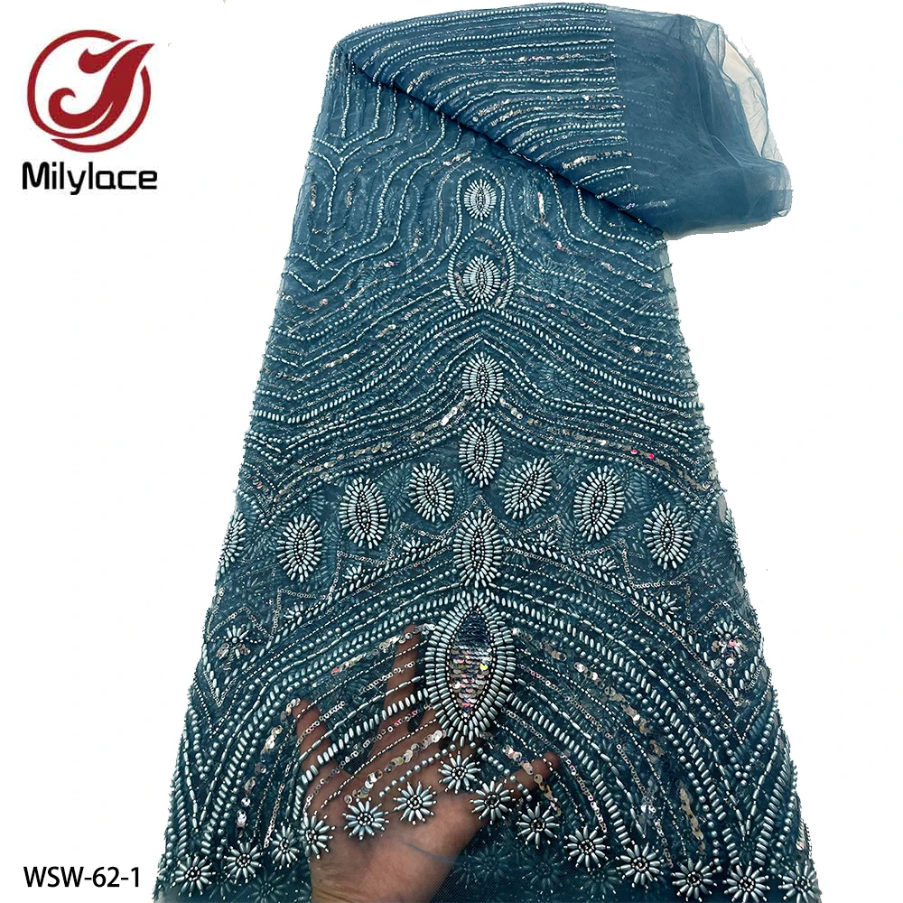 

2023 Latest African Handmade Beads Laces Fabrics Luxury Nigerian Sequins Mesh Lace Fabric for Party Dress WSW-62