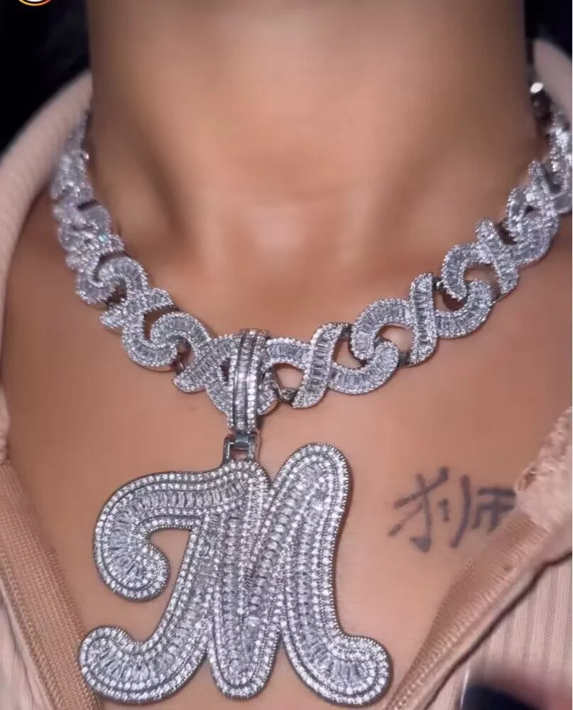 TBTK BaguetteCZ Cursive Letter Pendant Initial Letter A-Z Iced Out Cubic Zirconia Charm Choker Necklace Hiphop Jewelry