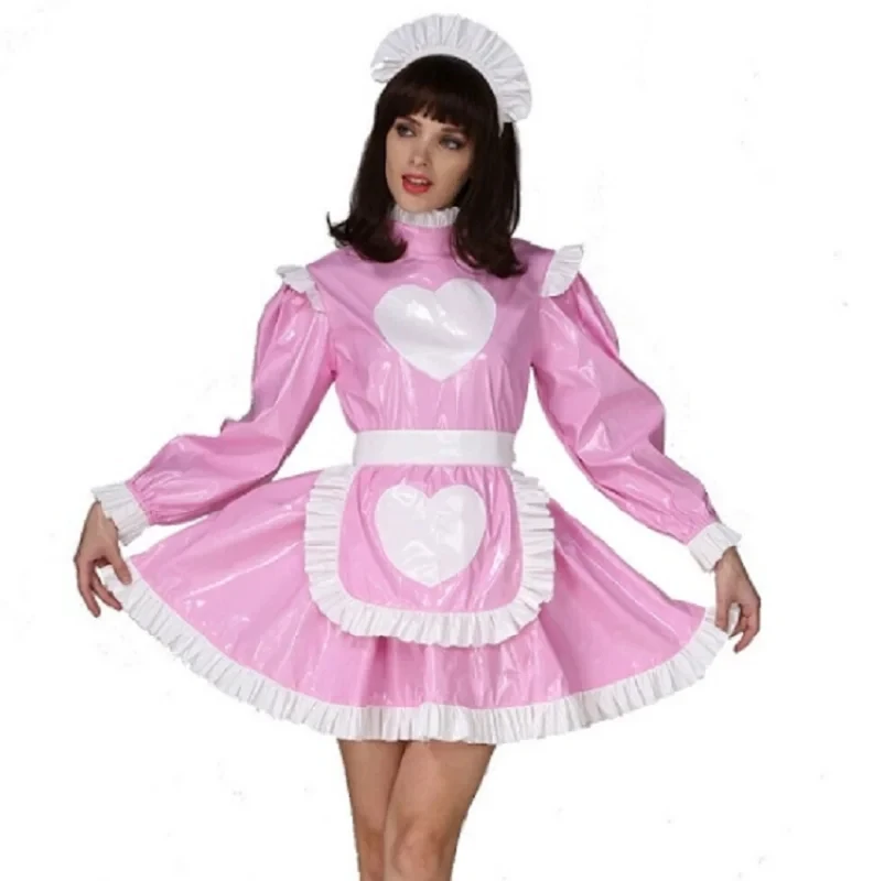 

Pink Thin PVC Foldable Collar Pleated Hem Heart-shaped Apron Long Sleeved Fetish Adult Giant Baby Sexy Girl Dress