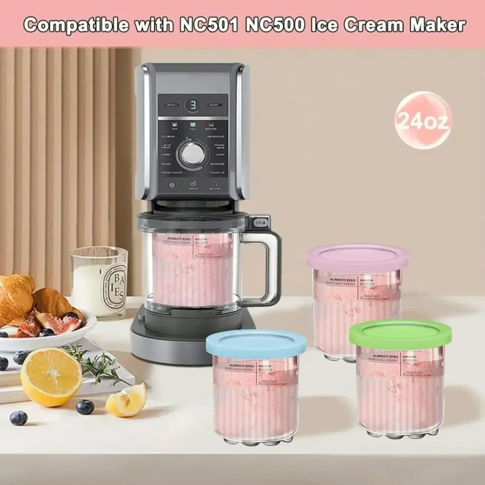4Piece sets Creative Ice Cream PC Cup Creami Ice Cream Storage Containers With Lids and Scoop Apply to Ninja Creami NC500 NC501