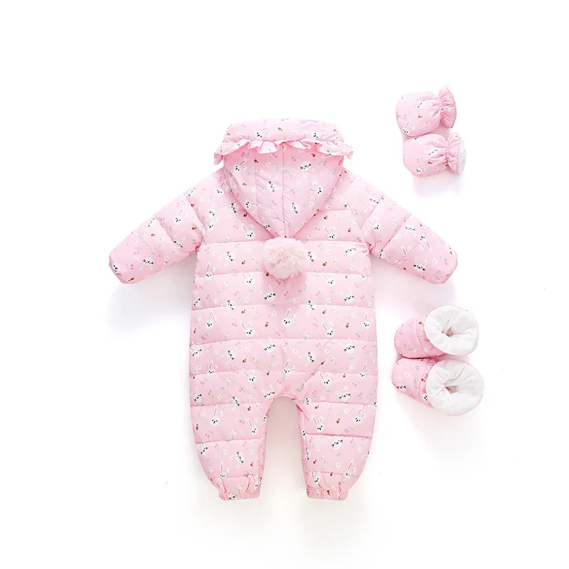 Newborn Baby Girl Jumpsuits Warm White Duck Down Rompers Infant Girls Rabbit Flower Overall Kids Outerwear Toddler Bodysuits