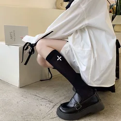Chic Women's Japanese Silk Stockings - Black & White Cross Heart Design - One Size (Black)