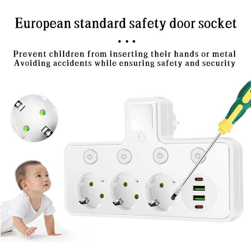 EU Plug Socket 4/3 Sockets Power Strip With 2 USB 2 Type-C Port with Night Light Wall Charger Adapter For Home Offices 6