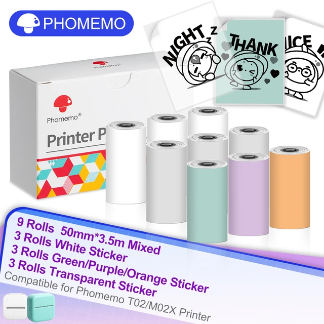 6Rolls T02 Printer Sticker Paper Thermal Paper 50mm 53mm White Colorful for  Phomemo Pocket T02 Mini Printer Thermal Printer