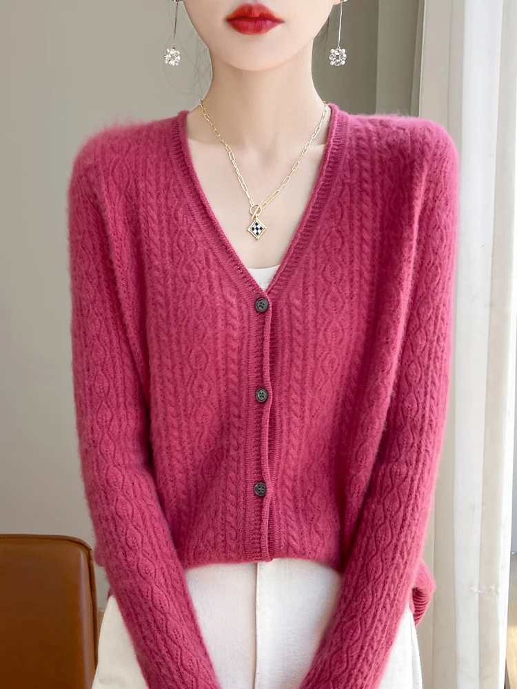 Autumn Winter Women 100% Merino Wool Cardigan Cashmere V-neck Sweater Curled Twisted Hollow Out Knitwear Bottoming Clothing Tops 5