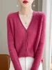 Autumn Winter Women 100% Merino Wool Cardigan Cashmere V-neck Sweater Curled Twisted Hollow Out Knitwear Bottoming Clothing Tops 5