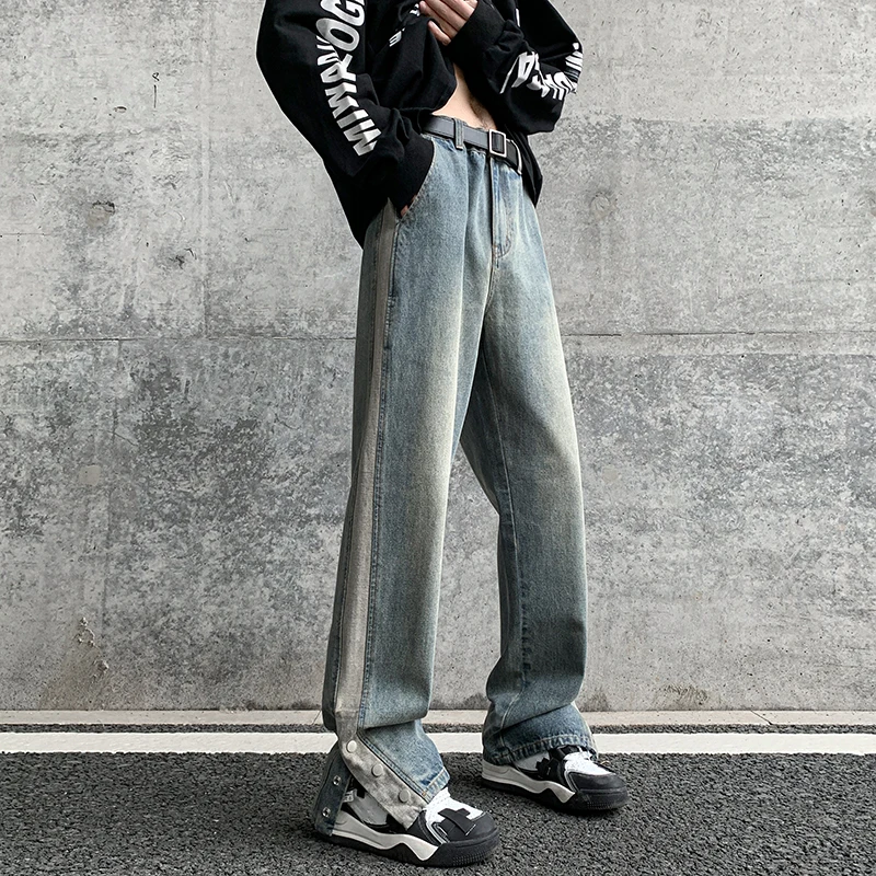 

Vintage Blue Loose Wide-leg Jeans Button-breasted Slit High Straight-leg Pants Niche Design Sense High Street Tide Brand Trouser