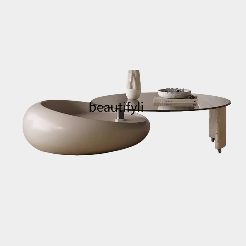 

Italian Minimalist Multifunctional Rotating round Glass Coffee Table Home Paint Designer