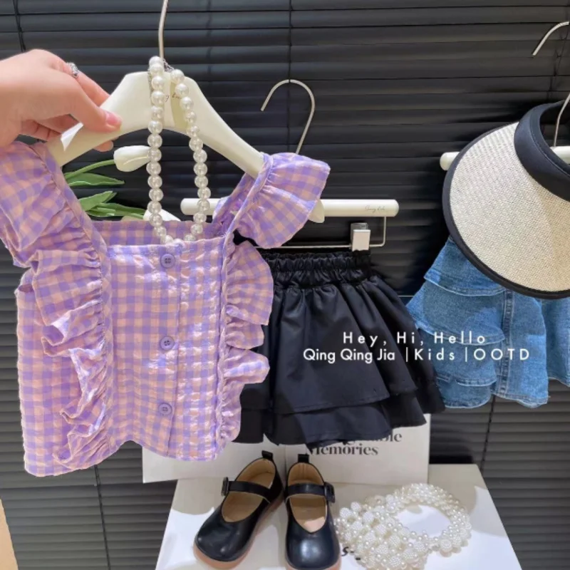 Children's Clothing2024Summer New Girls' Fashionable Plaid Lace Flounced Sleeve Top Fashionable Cake Skirt Trousers Suit