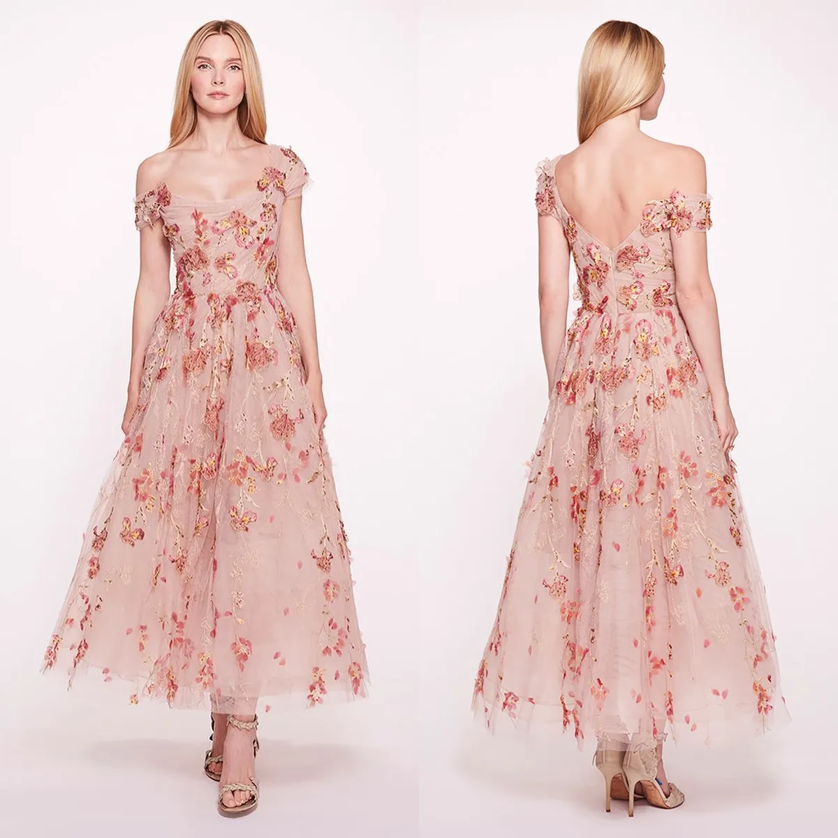 

Evening Dress Sweetheart Tulle Custom Made Simple Unique Flowers Mid Calf Length Short Sleeves Backless