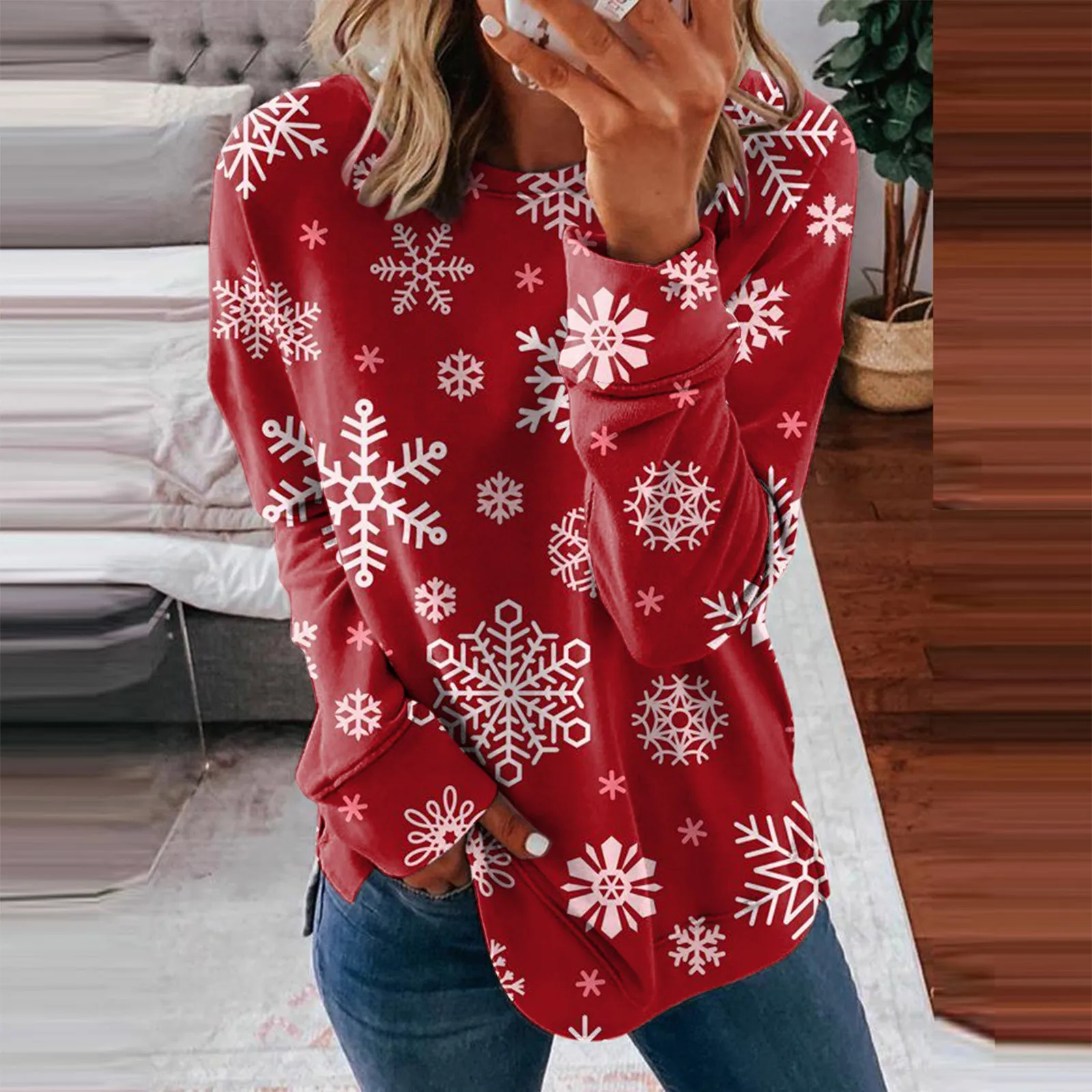 

Christmas Red Hoodies Womens Long Sleeve Snow Print Sweater Female Vantage Oversize Pullover Ugly Xmas Sudadera Shirts 2023