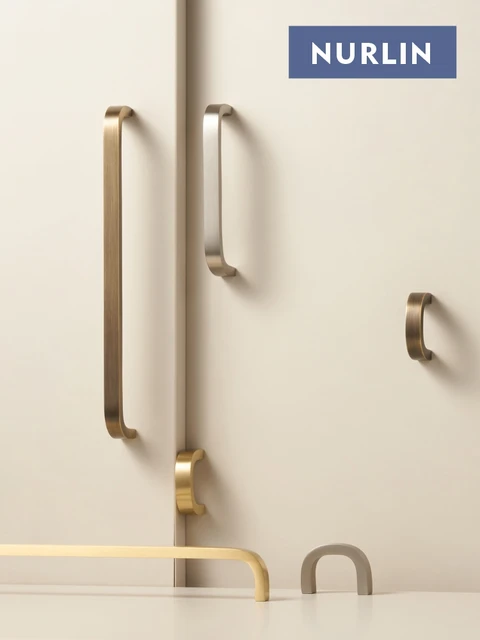 มือจับตู้ทองเหลืองแท้ดีไซน์โค้งงอ Nurlin สไตล์เรียบง่าย มีหลายขนาดสำหรับลิ้นชักตู้เสื้อผ้า 1