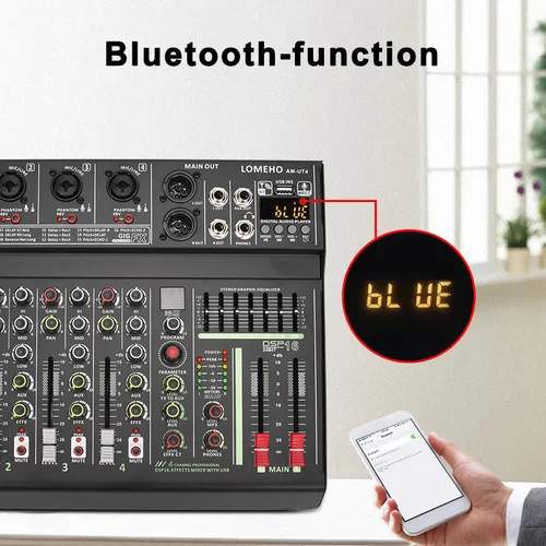 LOMEHO 4 채널 마이크 입력 오디오 믹서, 7 밴드 EQ 16 DSP 이펙트, 블루투스 믹싱 콘솔, 48V USB 재생, 레코드 사운드 테이블 AM-UT4 2