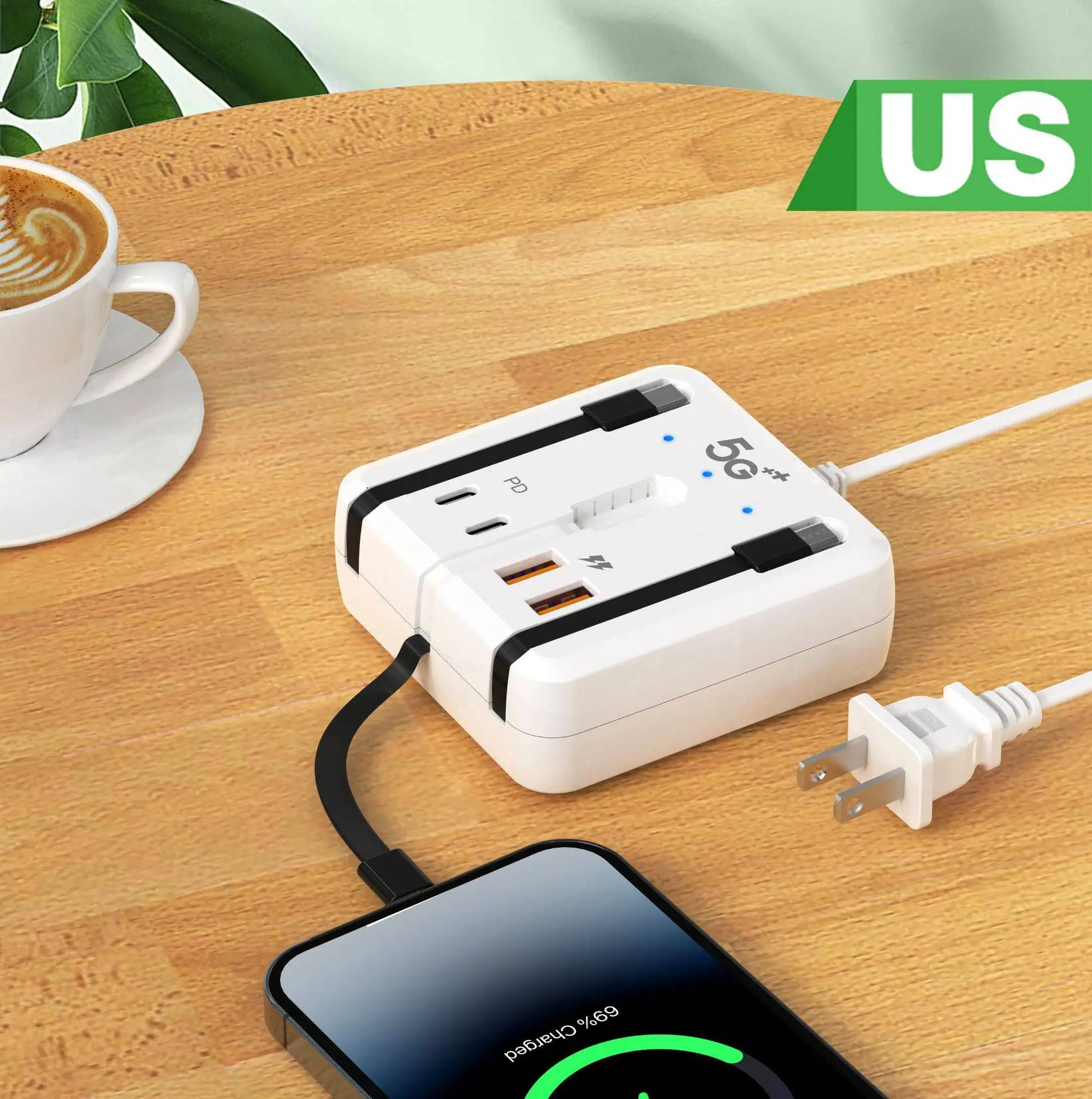 High-Speed 4-Port USB-C PD Charging Station with Integrated Power Strip and Cables