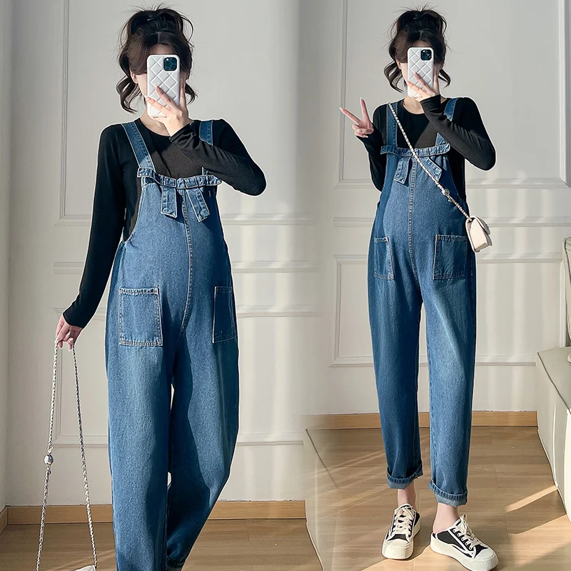 

Preppy Style Pregnant Women's Denim Clothes Sets Black Long Sleeve T-shirt+Jumpsuits Two-piece Set Vintage Maternity Jeans Suits