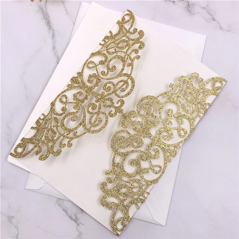 10PCS Laser Cut Blue Glitter Wedding Invitations with Ribbon – Elegant Gold Glitter Gre... - SKU LCIC0857 - UGI Packaging