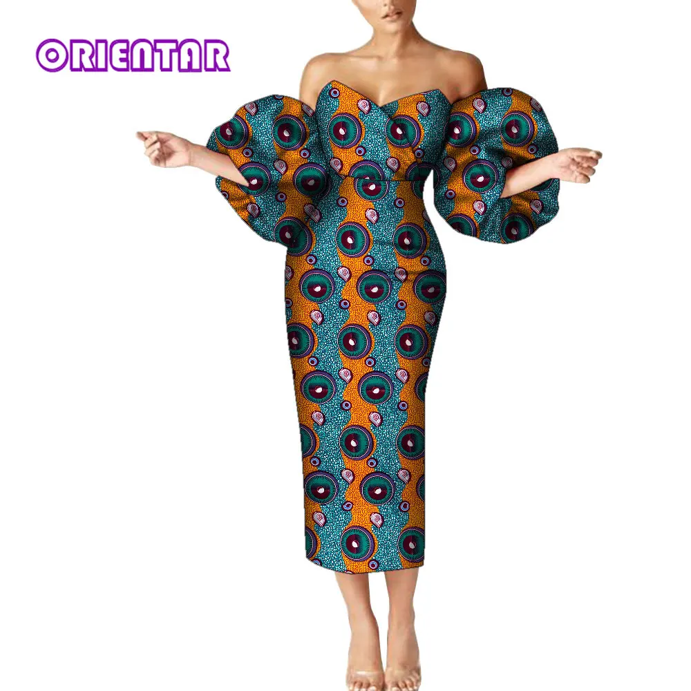 African Dresses for Women African Wax Print Off Shoulder Puff Sleeve