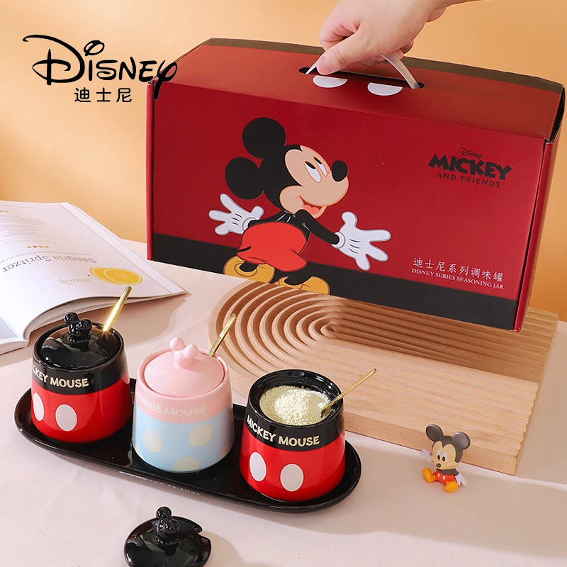 

Disney Mickey Seasoning Box Ceramic Seasoning Pot Set Salt Pot With Spoon Seasoning Pot Kitchen Household Cartoon Seasoning Box