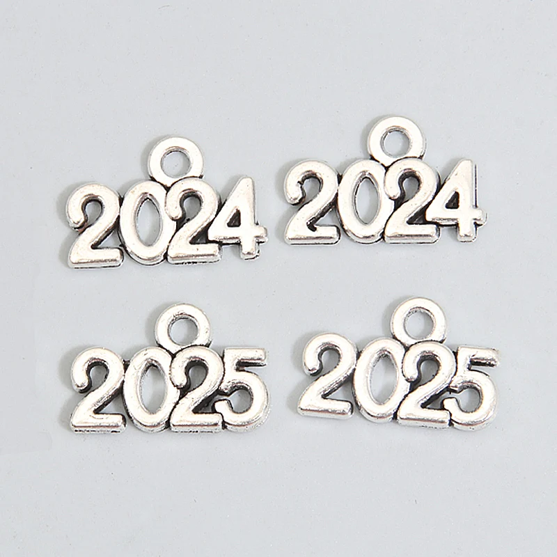 30pcs Charms Letter 2025 2024 2023 Year 9x13mm Tibetan Silver