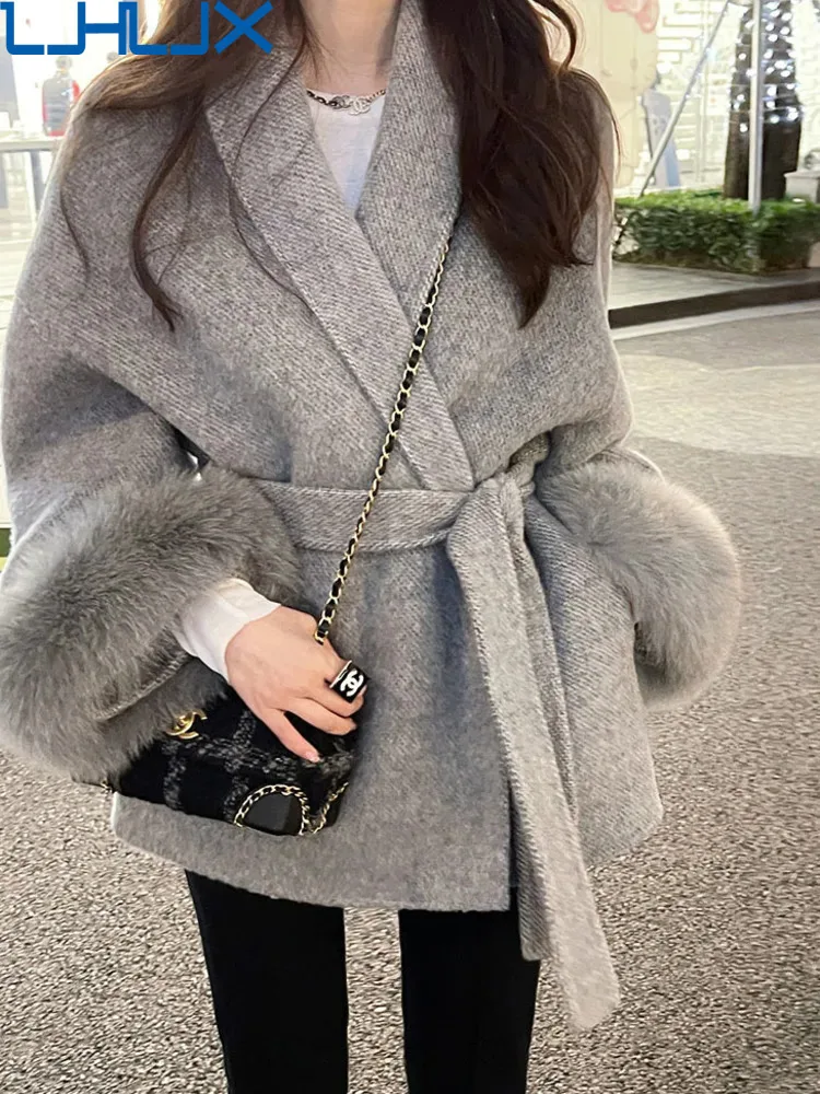 

LJHLJX High End Double-sided Wool Strapping Coat Women Removable Cuffs Fox Fur Temperament Double-sided Cashmere Short Jacket